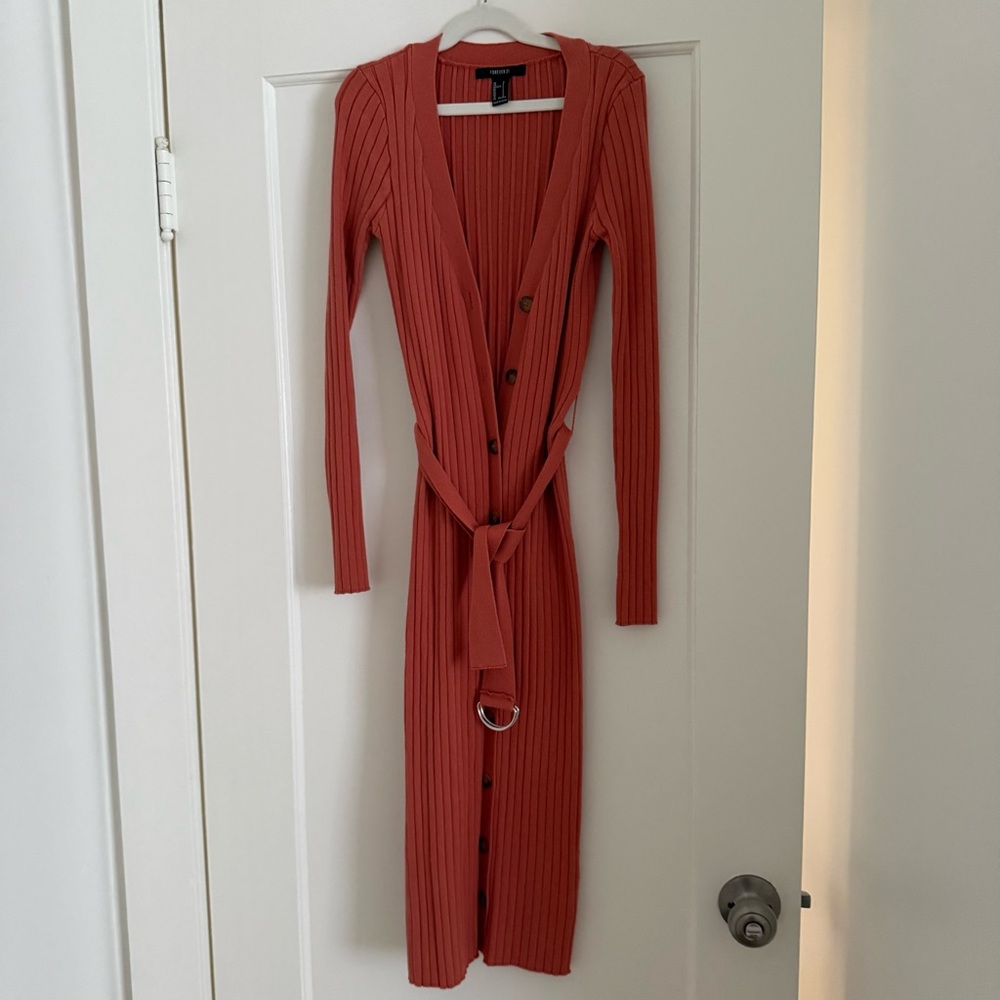 Forever 21 Rust Long Sleeve Ribbed Button-Front Midi Dress